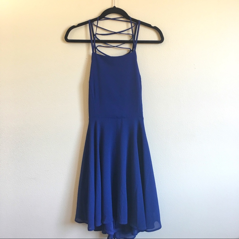 Lulus Good Deeds Lace Up Open Back Blue Dress L